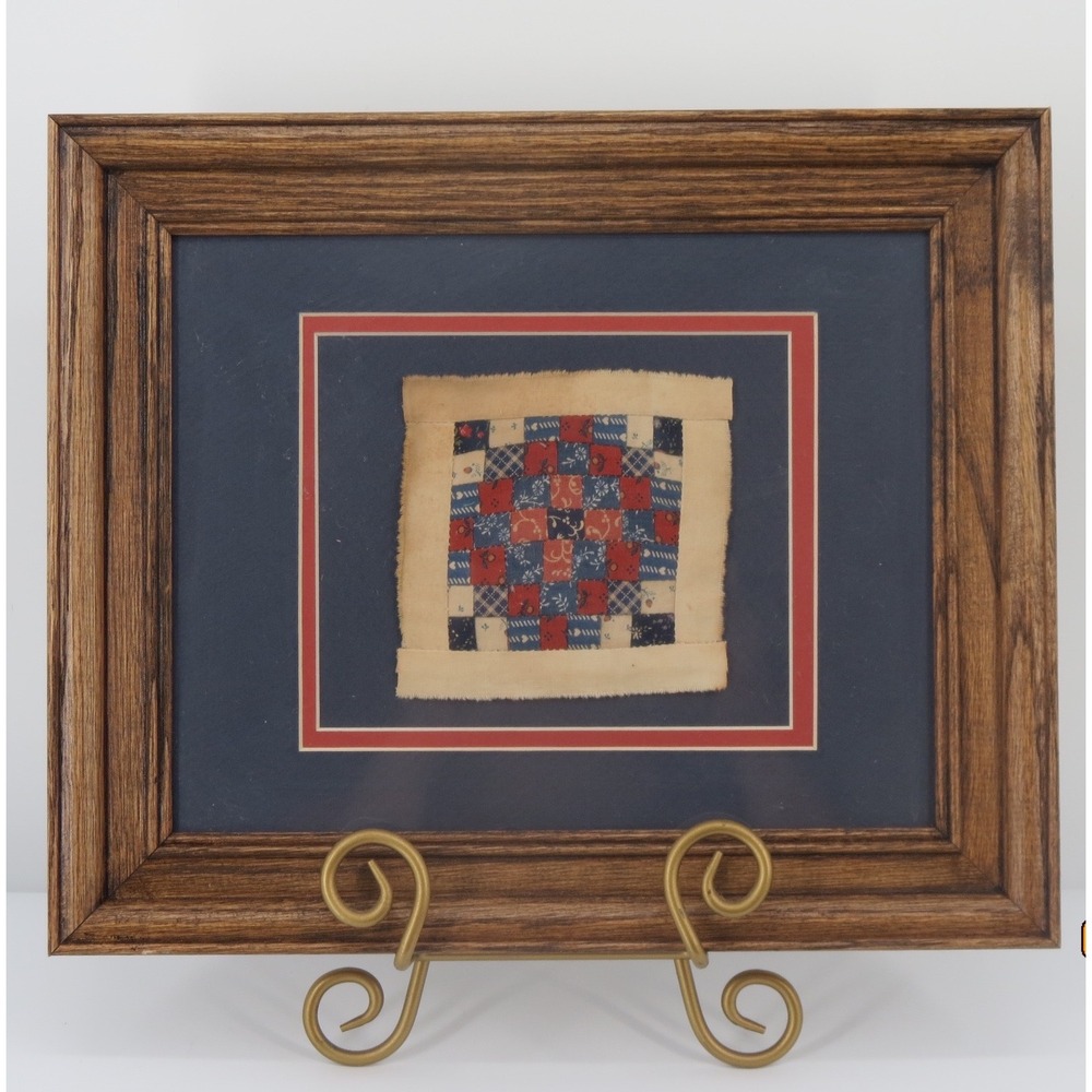 Mini Quilt Textile Art Wood Frame Blue Red Patchwork Americana 12.5x10.5" VTG